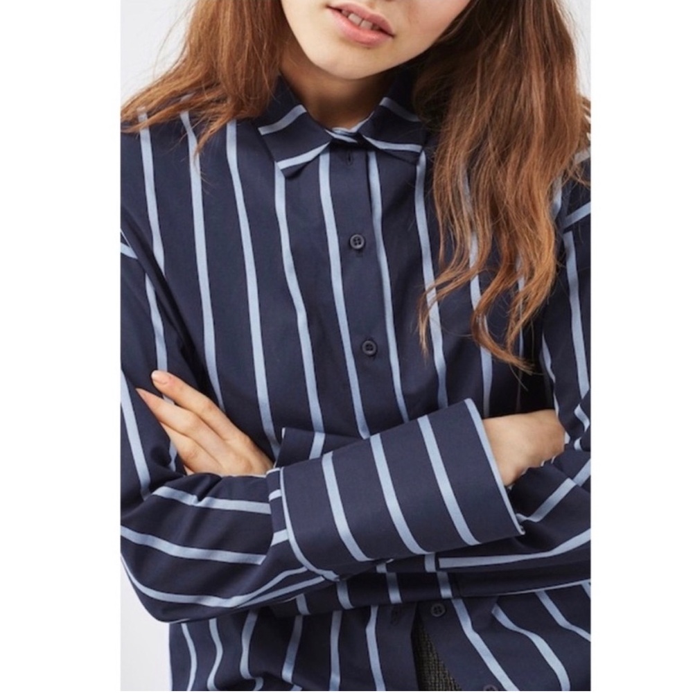 Topshop Navy Stripe Button Down with Open Tie Back | Size US 2 | NWT - Picture 2 of 5